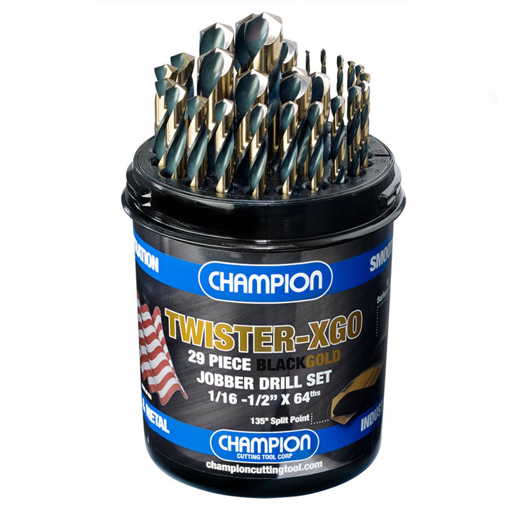 Champion TWISTER-XG38 Black & Gold 3/8" Reduced Shank Drill Set – 29-Piece 1/16"–1/2" x 64ths — Champion TWISTER-XG38 HSS drills