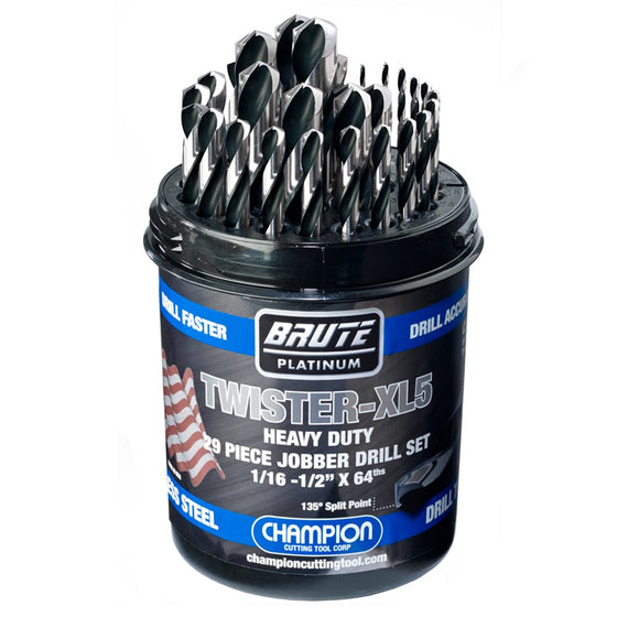 Champion TWISTER-XL5 29-Piece HSS Jobber Drill Bit Set, 1/16"–1/2" x 64ths — Champion TWISTER-XL5 29-piece fractional drill bit set