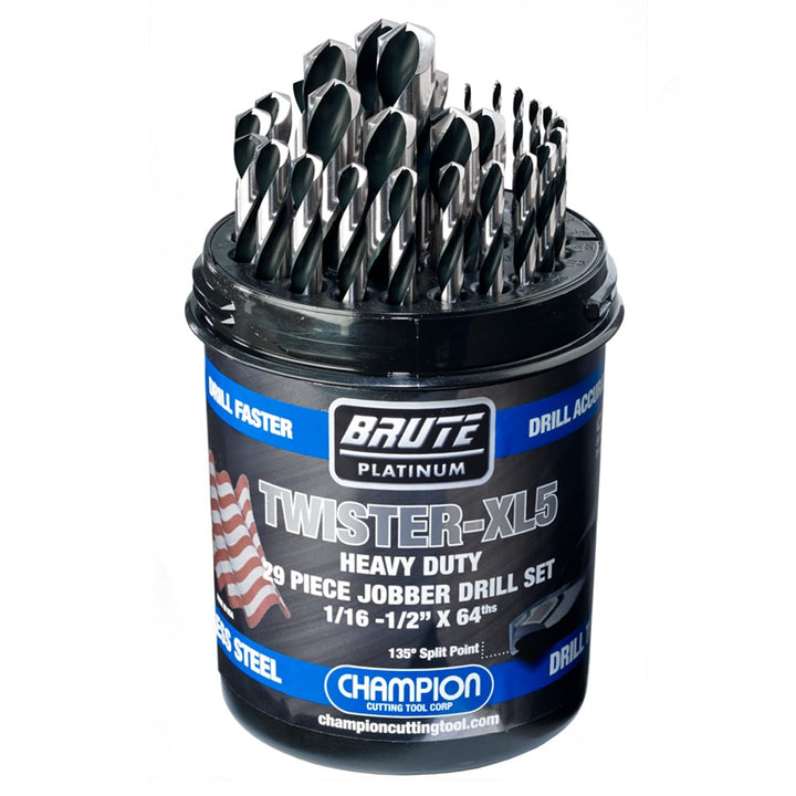 Champion TWISTER-XL5 29-Piece HSS Jobber Drill Bit Set, 1/16"–1/2" x 64ths — Champion TWISTER-XL5 29-piece fractional drill bit set