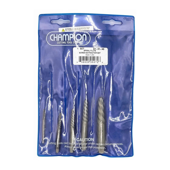 Champion X1-1-5 Spiral Flute Screw Extractor Set – 5-Piece #1 to #5 — Champion spiral flute extractors