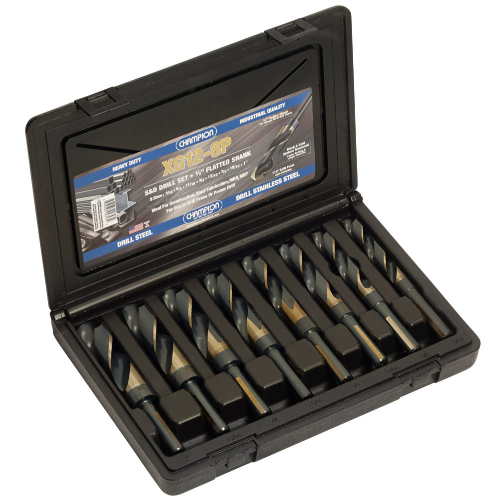 Champion XG12-8P Black & Gold Silver & Deming Drill Set – 8-Piece 9/16"–1" x 16ths — Champion XG12 Black & Gold HSS drills