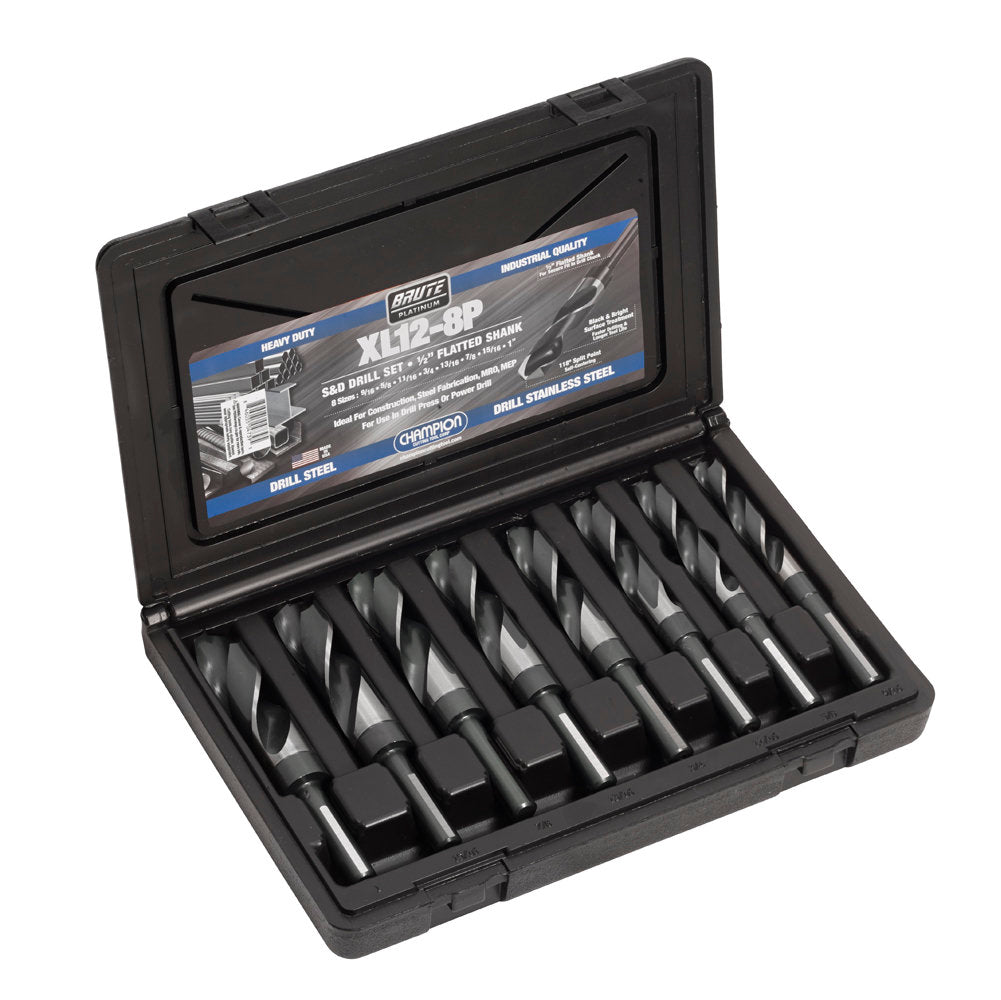 Champion XL12-8P Brute Silver & Deming Drill Set – 8-Piece 9/16"–1" x 16ths — Champion Brute XL12 HSS drills