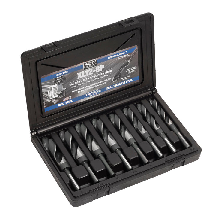 Champion XL12-8P Brute Silver & Deming Drill Set – 8-Piece 9/16"–1" x 16ths — Champion Brute XL12 HSS drills
