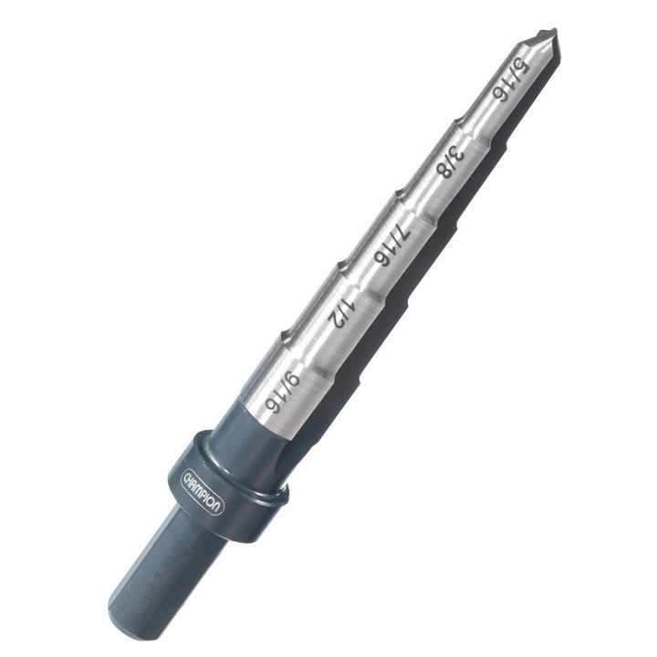 Champion XSR-13/16X1-1/16 Step Reamer, 13/16" x 1-1/16" Range — Champion XSR Step Reamer enlarging hole in steel plate