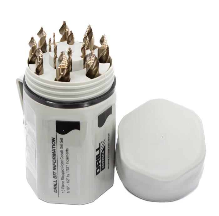 Drill America GSC15J-PC 15-Pc Stepped Point Cobalt Drill Set – 1/16"-1/2" x 1/32" product image